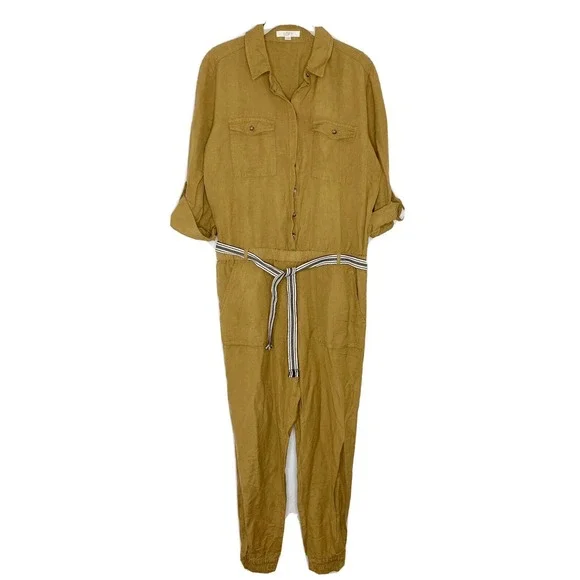 Ann Taylor LOFT Linen Blend Utility Mustard Yellow Roll Tab Sleeve Jumpsuit S - Picture 2 of 6